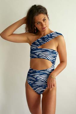 Swimsuit Cut-Out One-Piece Alaska Polka Waves On Blue