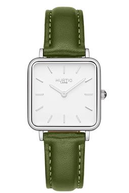 Watch Neliö Square Cactus Leather Silver, White & Green