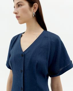 Thinking MU Dress Fitted Waist Laura Navy Blue