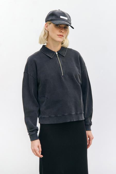 Rotholz: Sweatshirt Polo Half Zip Washed Schwarz
