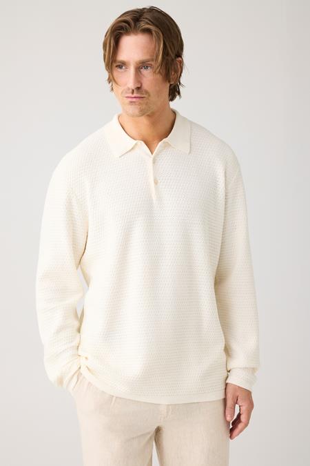 Gebreid Poloshirt Met Lange Mouwen, Wit Met De Kleur Egret 