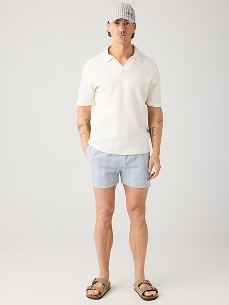 Swim Shorts Mid Thigh Seersucker Blue Stripe from Shop Like You Give a Damn