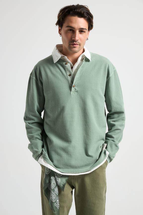 Long Sleeve Deck Waffle Henley Hedge Green