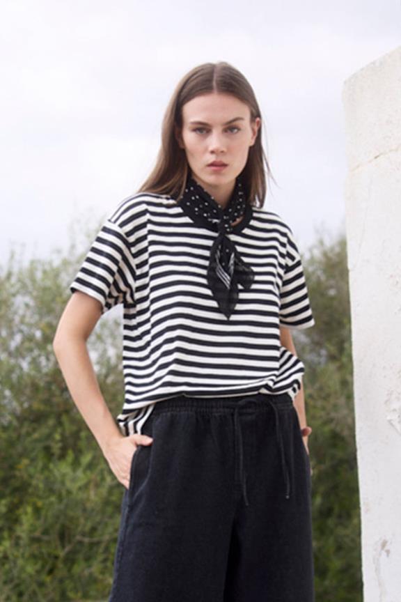 T-Shirt Striped Relaxed Fit Schwarz/ Cremefarben