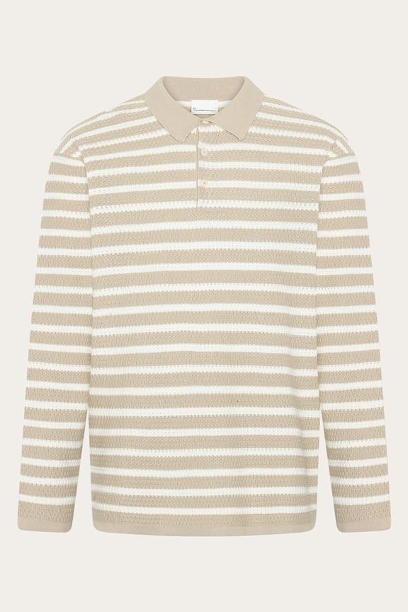 Gebreid Poloshirt Met Lange Mouwen, Crèmekleurig Met Strepen