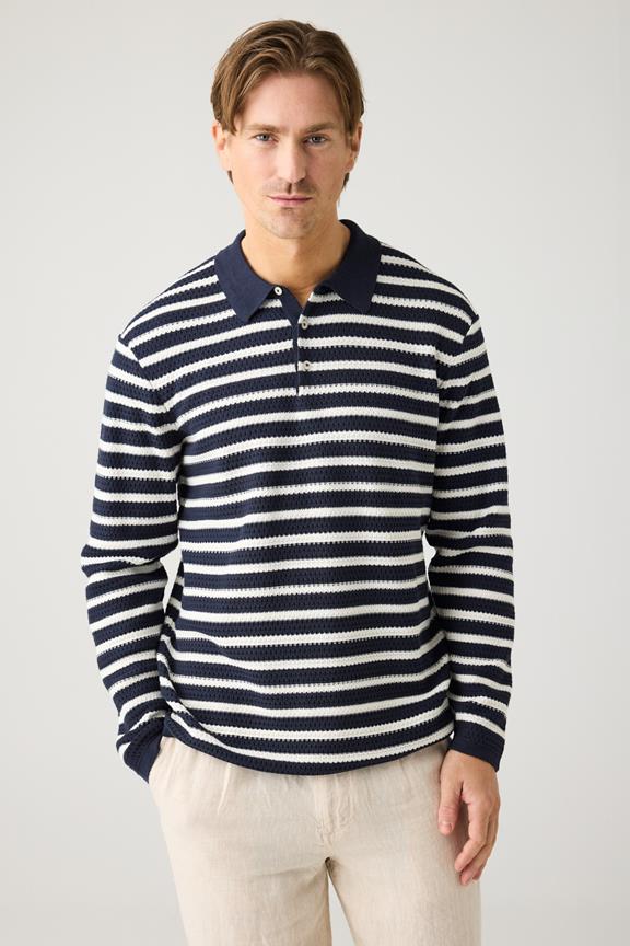 Gebreid Poloshirt Met Lange Mouwen En Strepen, Marineblauw