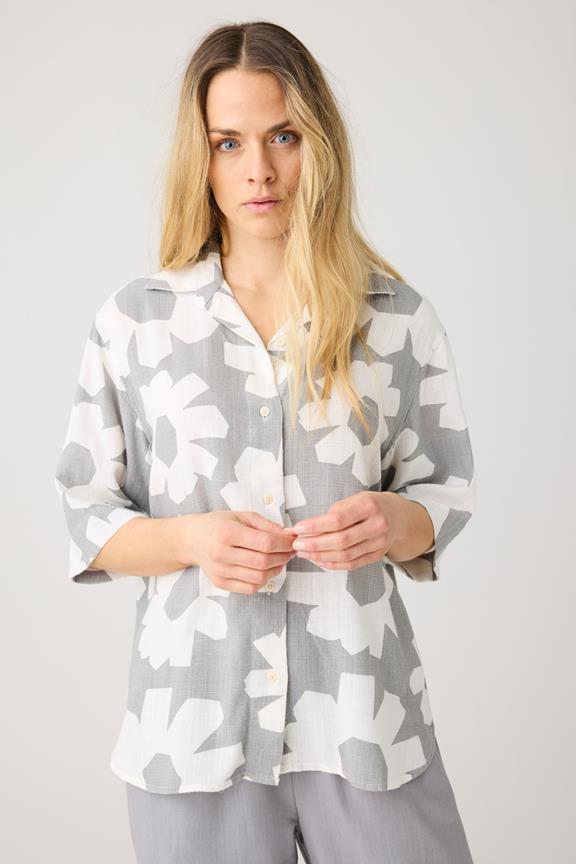 Shirt Loose Leinen Mix Print Grau