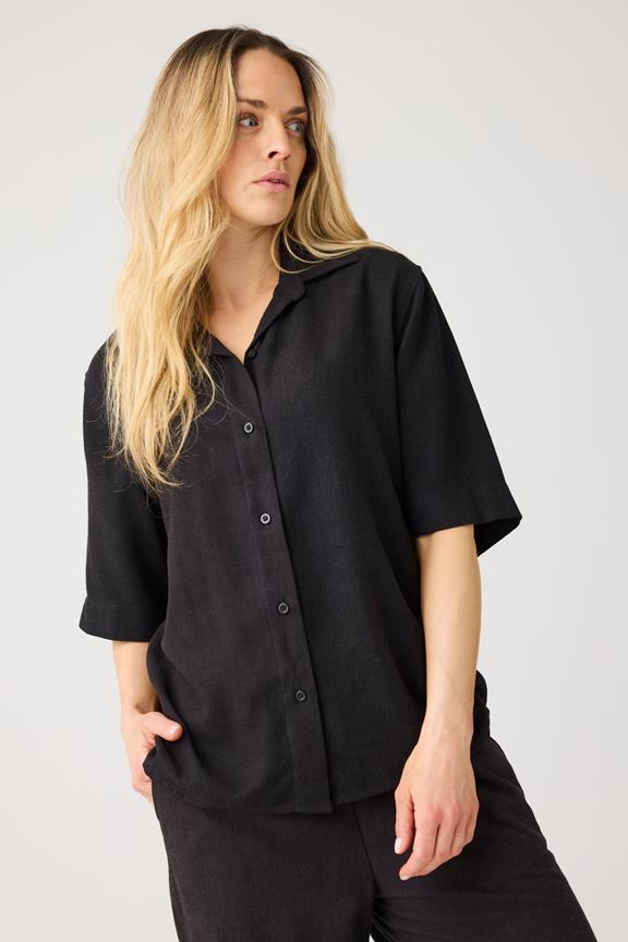 Shirt Short Sleeve Loose Linen Mix Black Jet